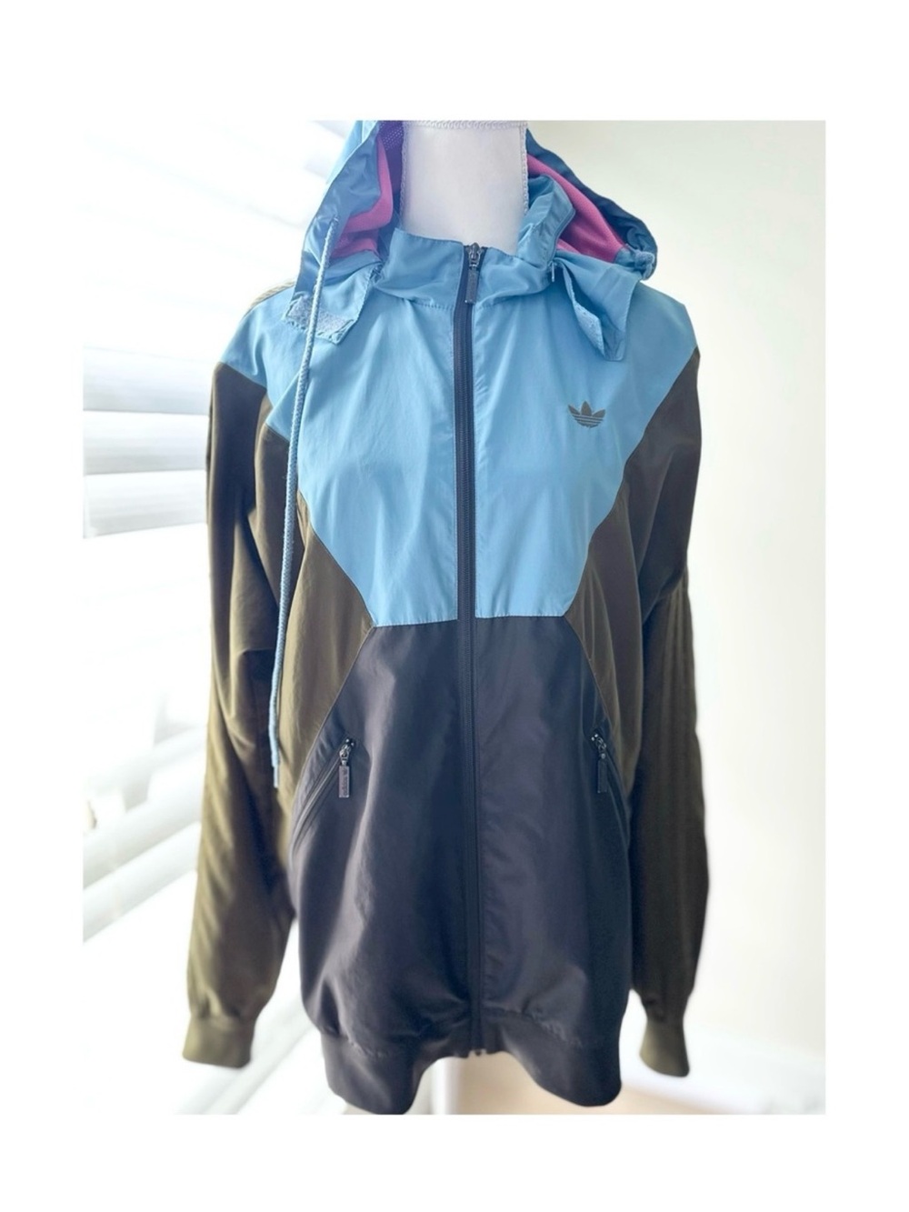 adidas Colorblock Hooded Bomber Jacket in Blue, Olive & Black
